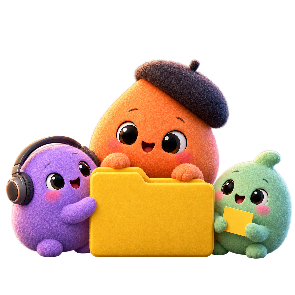 Mimo and two plush creative companions gathered behind a yellow folder
