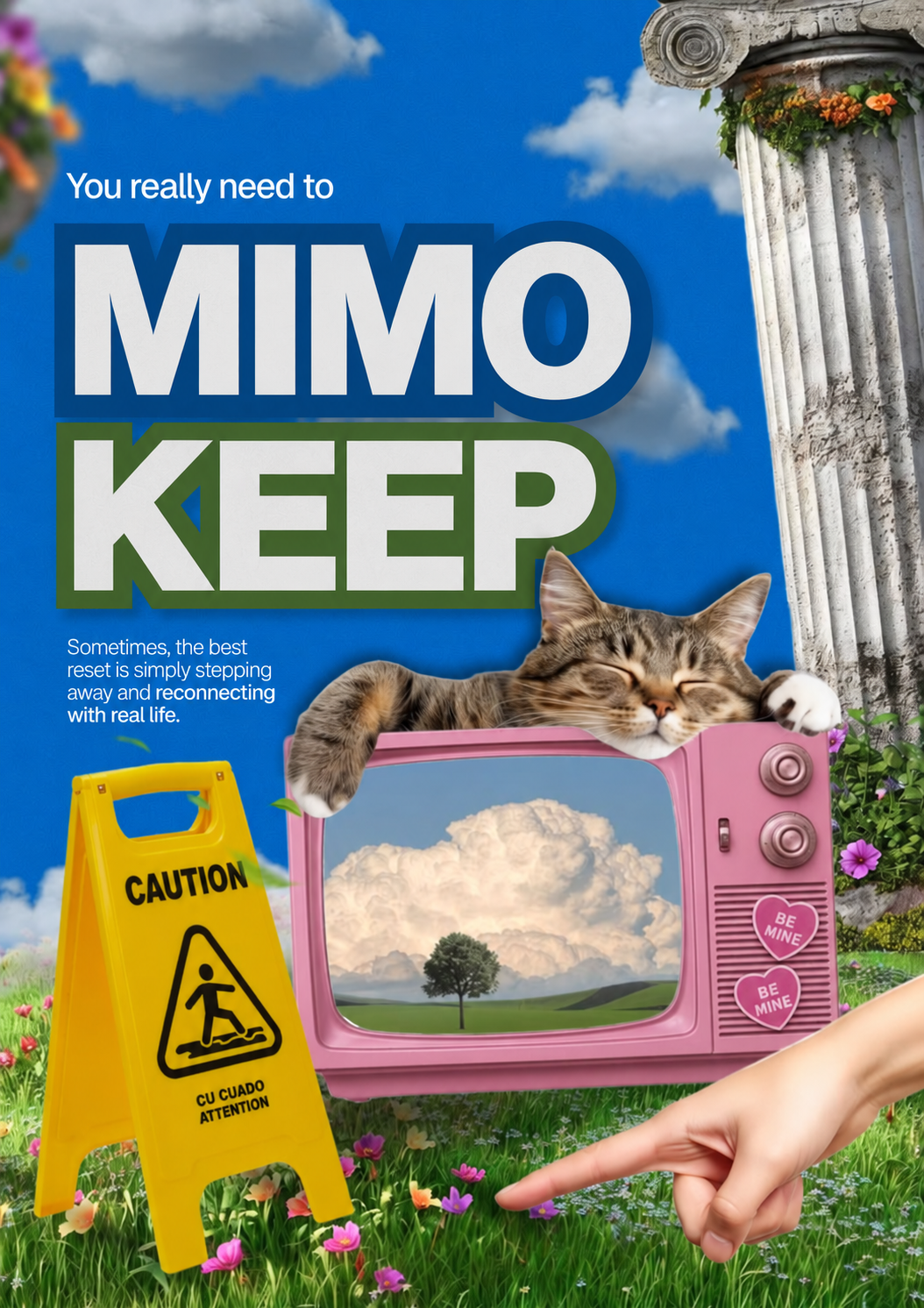 MIMO KEEP collage poster with a sleeping cat, pink retro television, blue sky and flower meadow